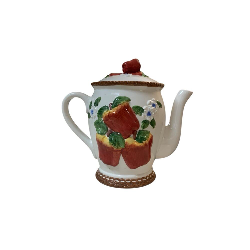 Tea Pot Teapot Ceramic Embossed APPLE‎ Design Golden King Imports RARE
